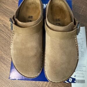 Tan Suede Clogs with Buckle